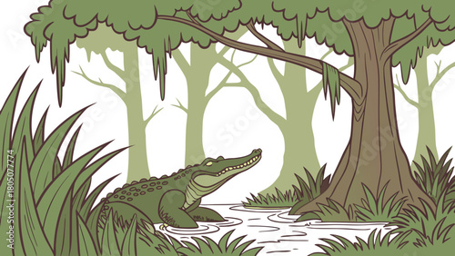 “Alligator in swamp with cypress trees, tropical vector”