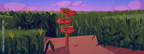 Cornfield with a blank wooden sign at a rural crossroads, pink sunset sky.