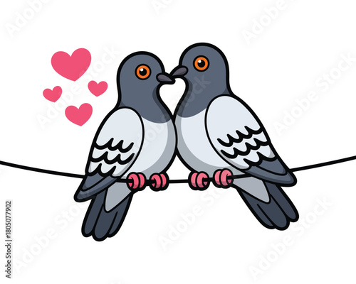 Cute cartoon pigeons in love perched on a wire, sharing a tender moment with floating hearts, romantic illustration