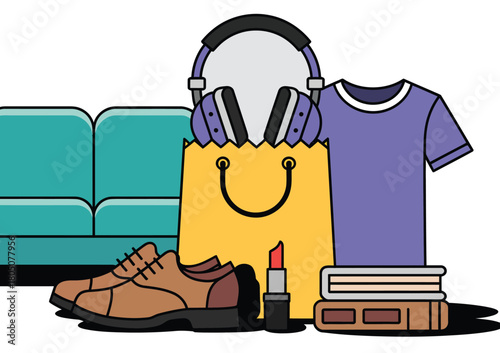 Diverse consumer goods for online shopping, retail, and e-commerce featuring clothing, electronics, books, and home items.