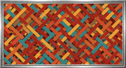Abstract background of colorful intertwined diagonal strips forming a vibrant and textured woven lattice pattern