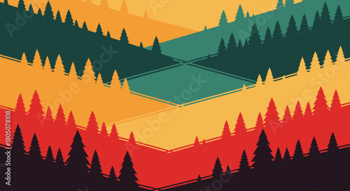 A vibrant, layered vector illustration of a pine forest landscape with a geometric, abstract design reflecting a colorful sunset