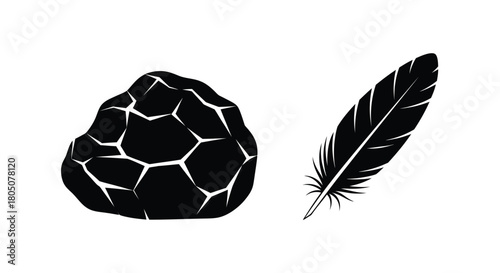 A simple black and white illustration of a rock and a feather