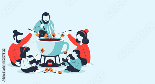 Cozy family gathering enjoying a warm chocolate fondue with bread and fruit on a light blue background, perfect for holiday or winter themes