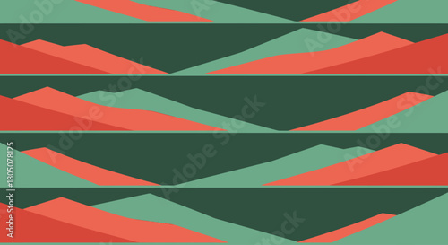 Abstract Mountain Range Pattern with Geometric Peaks and Valleys in Red and Green Tones