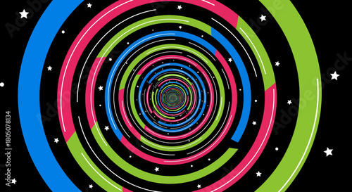 Vibrant and colorful geometric spiral creating a hypnotic tunnel effect into a futuristic deep space with stars