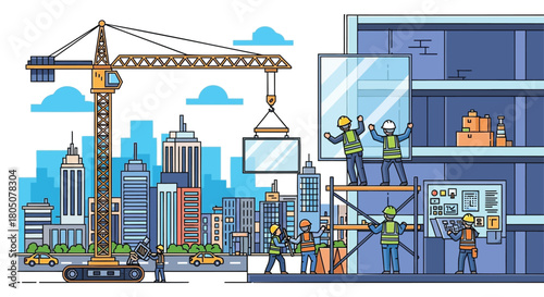 Construction workers install a large glass window on a modern skyscraper with a crane and city skyline in the background