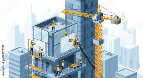 Modern skyscraper construction site with workers installing glass panels using a crane and scaffolding