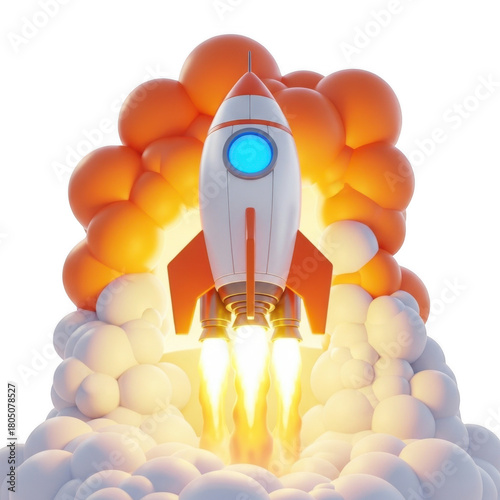 Cartoon rocket launching with fire and smoke isolated on transparent background