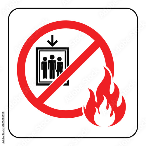 Emergency fire safety prohibition sign indicating that elevators should not be used in case of fire with a group of people inside and a red flame icon