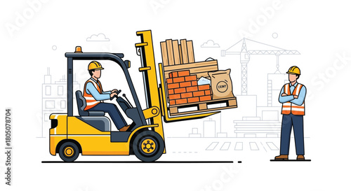 Construction worker operating a yellow forklift truck lifting bricks and cement bags at a building site with cranes in the background