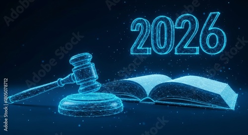 Digital law and justice 2026: wireframe gavel, book, and futuristic design