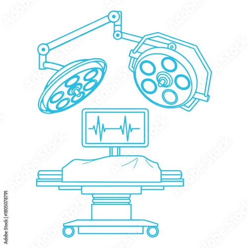 Operating Room Illustration with Surgical Lights Monitor and Patient on Table Depicting Healthcare and Medical Procedures in a Hospital Environment