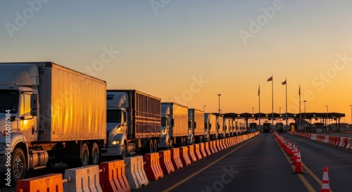 Long line of commercial trucks at border crossing or toll plaza during golden hour sunset