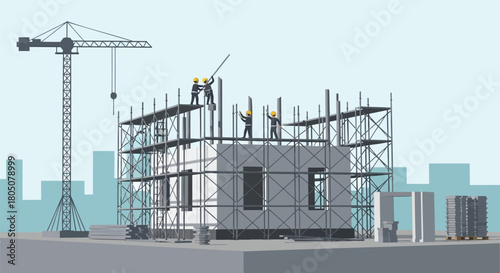 Construction workers in hard hats build a house frame with scaffolding and a crane on a clear day