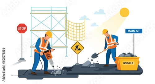 Two construction workers performing road repairs with jackhammer and shovel near scaffolding and stop sign