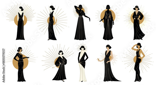 Elegant women in long gowns with golden accents