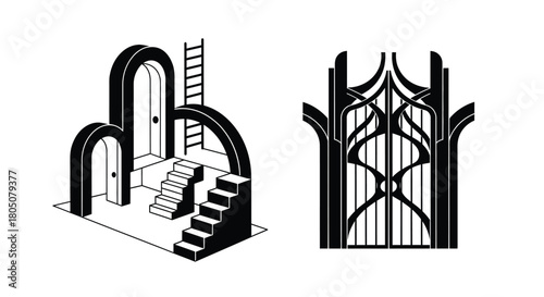 Stylized black and white architectural structures with arches and staircases