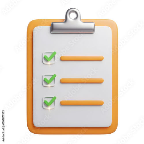 Clipboard with completed tasks checklist on 3d render isolated on transparent background
