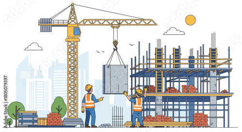 Construction workers operate a crane to lift building materials at a construction site with unfinished building and cityscape background