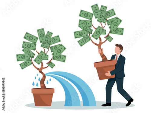 Man carrying money tree and watering another money tree with blue water