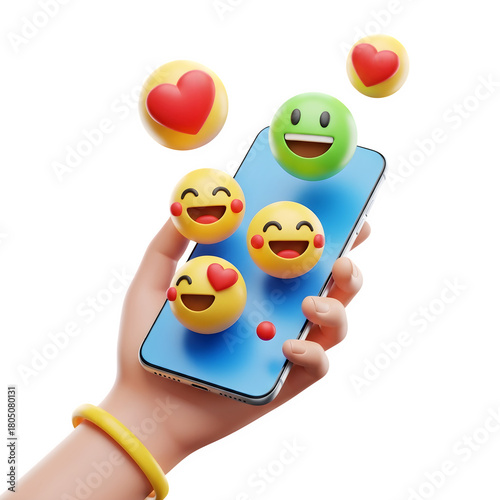 Hand holding smartphone with happy emojis and hearts floating above isolated on transparent background