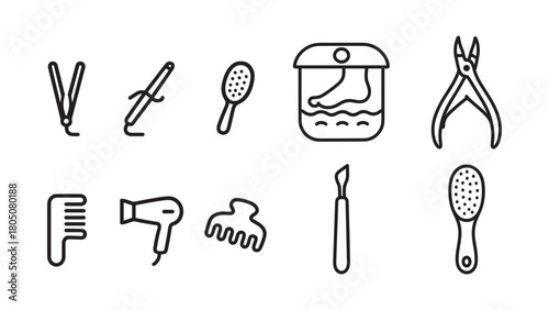 Hair Styling and Pedicure Tools Line Icons Set