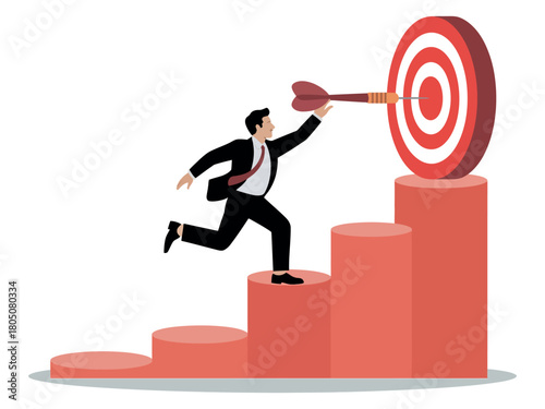 Businessman reaching target with dart on a bar chart illustration