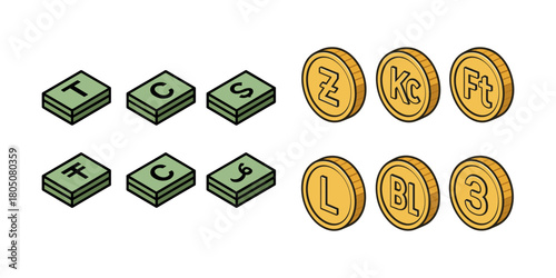 Currency Paper Stacks and Coins Icon Set