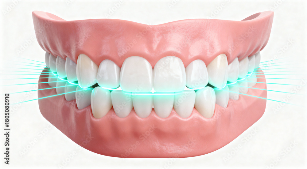 Fototapeta premium 3D Dental Arch with Whitening Laser Light and Clean Healthy Teeth Close-Up