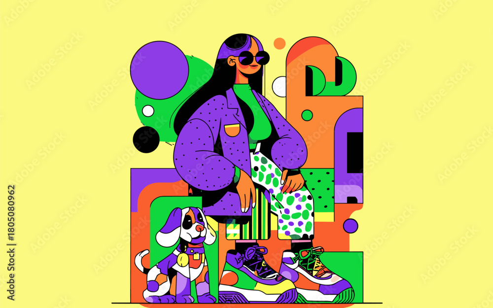Fototapeta premium Modern illustration depicting a stylish young woman sitting on abstract