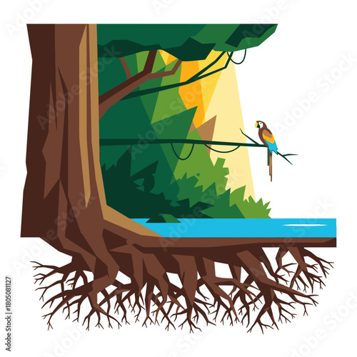 A vibrant illustration depicts a lush rainforest scene, showcasing a large tree with exposed roots, a blue river, and a parrot perched on a branch, evoking a sense of tropical tranquility.