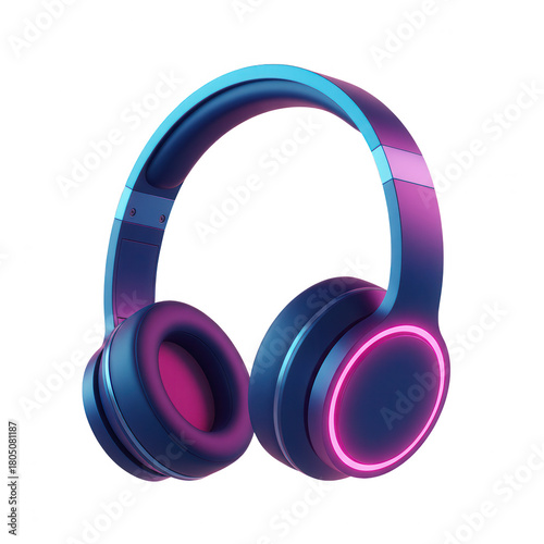 Modern headphones with neon pink and blue glowing accents isolated on transparent background