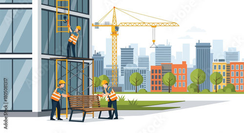 Construction workers installing a bench near a modern building with a crane and city skyline in the background