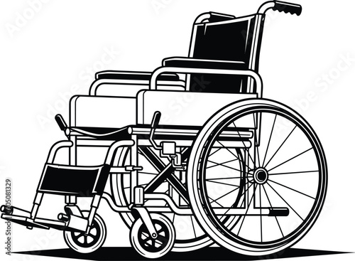 Detailed manual wheelchair vector illustration, medical mobility aid equipment, healthcare and disability accessibility graphic, patient rehabilitation transport symbol.