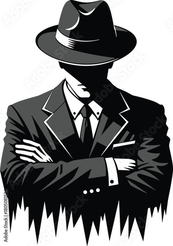 Noir style man in suit and fedora, mysterious face in shadow, vintage detective gangster graphic, retro crime thriller vector illustration.