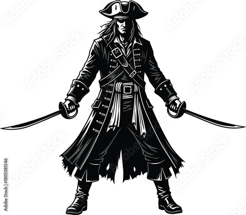 Fierce pirate captain vector illustration, standing buccaneer holding two cutlasses, black and white fantasy adventure character design, detailed tattoo art.
