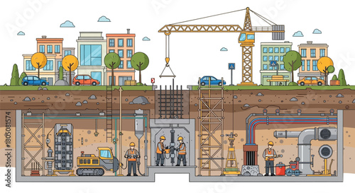 Cross section of a city construction site showing underground infrastructure and building foundation work with workers and machinery