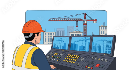 Construction worker in hard hat and vest monitors multiple screens displaying crane operations and city buildings from a control room console