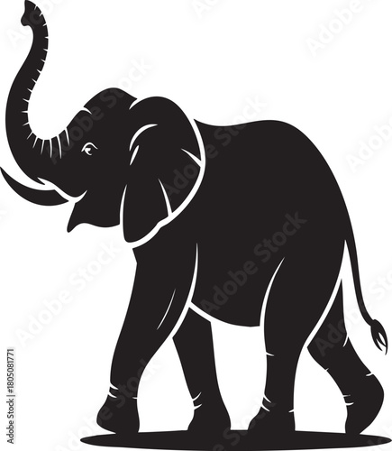 A striking black silhouette of an elephant in profile, with its trunk raised high, conveying power and movement.
