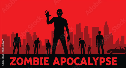 Zombie Apocalypse vector illustration banner, scary undead creatures attacking city skyline, horror graphic silhouette poster design, red background header.