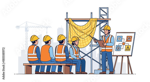 Construction site safety training session with workers listening to instructor explaining diagrams on a whiteboard