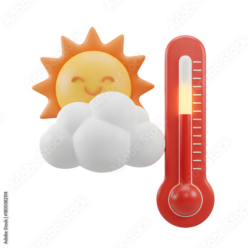 Smiling sun and thermometer show high temperature, weather icon isolated on transparent background