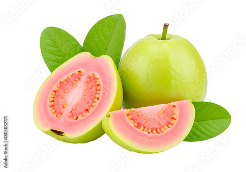 Fresh tropical pink flesh guava, whole fruit, half, and a slice. isolated on transparent background