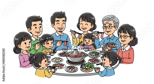 Family enjoying hot pot dinner together