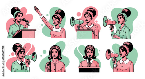 Retro women speaking with megaphones and microphones