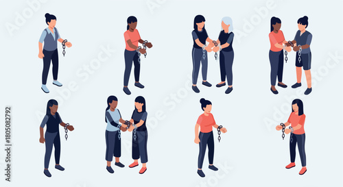 People connected by chains symbolizing unity and restriction