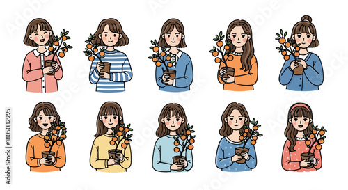Girls holding citrus plants in various outfits