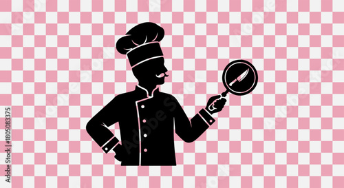Silhouette of a chef in uniform holding a frying pan with a knife