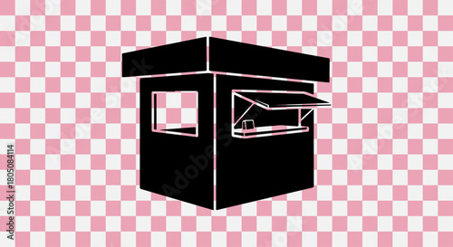Black silhouette of a modern kiosk or booth with open windows on a pink and white checkered background